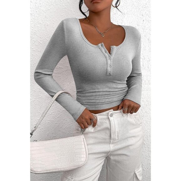 Women's Ribbed Knit Henley Shirt Slim Fit Long Sleeve Casual Top - Picture 6 of 8